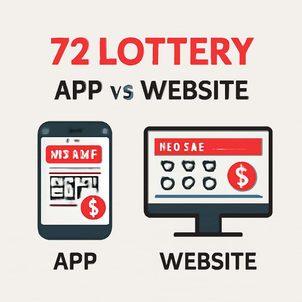 An educational diagram comparing features of the 72 Lottery App and Website.