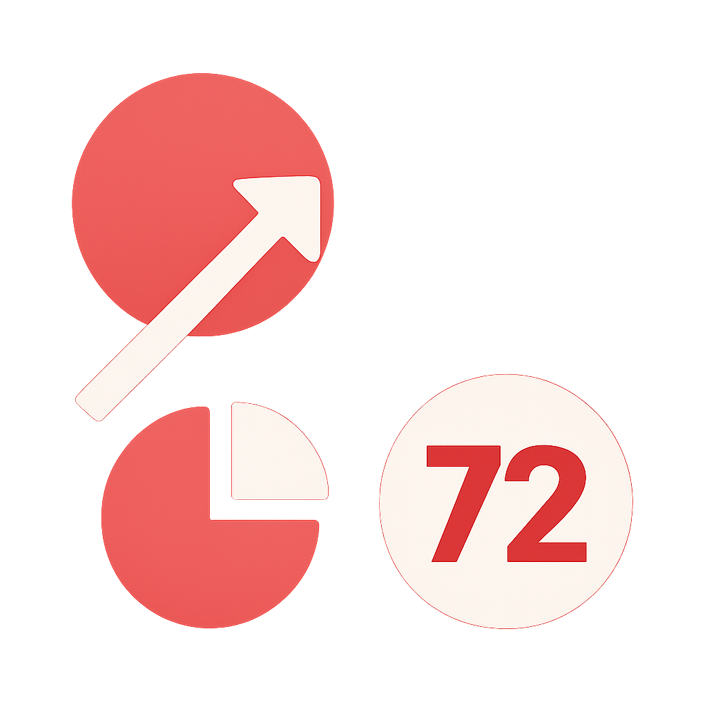 A simple badge design for 72 Lottery App updates, featuring #cf2326.