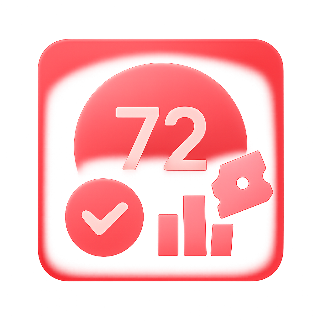 A simple badge design for 72 Lottery App updates, featuring #cf2326.