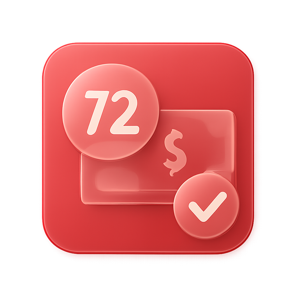 A simple badge design for 72 Lottery App updates, featuring #cf2326.